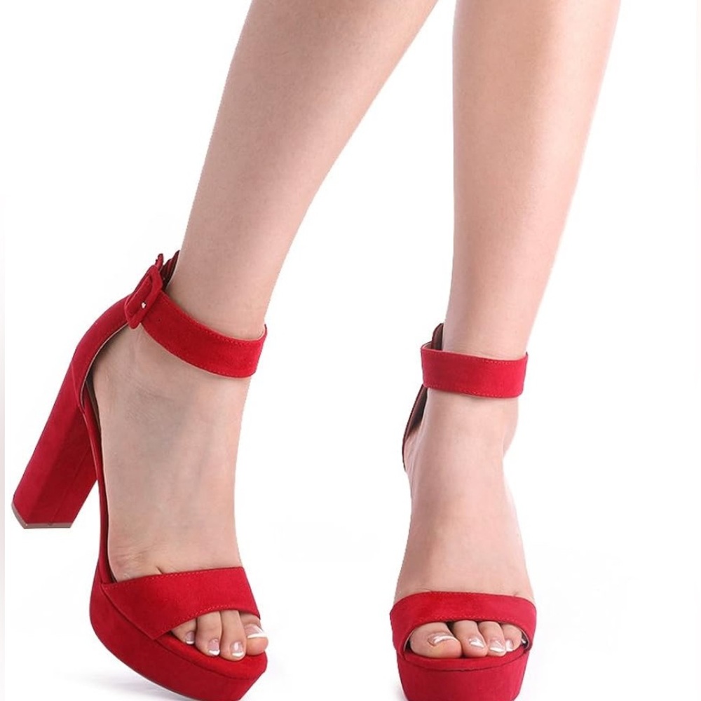 Red platform heels with ankle strap
